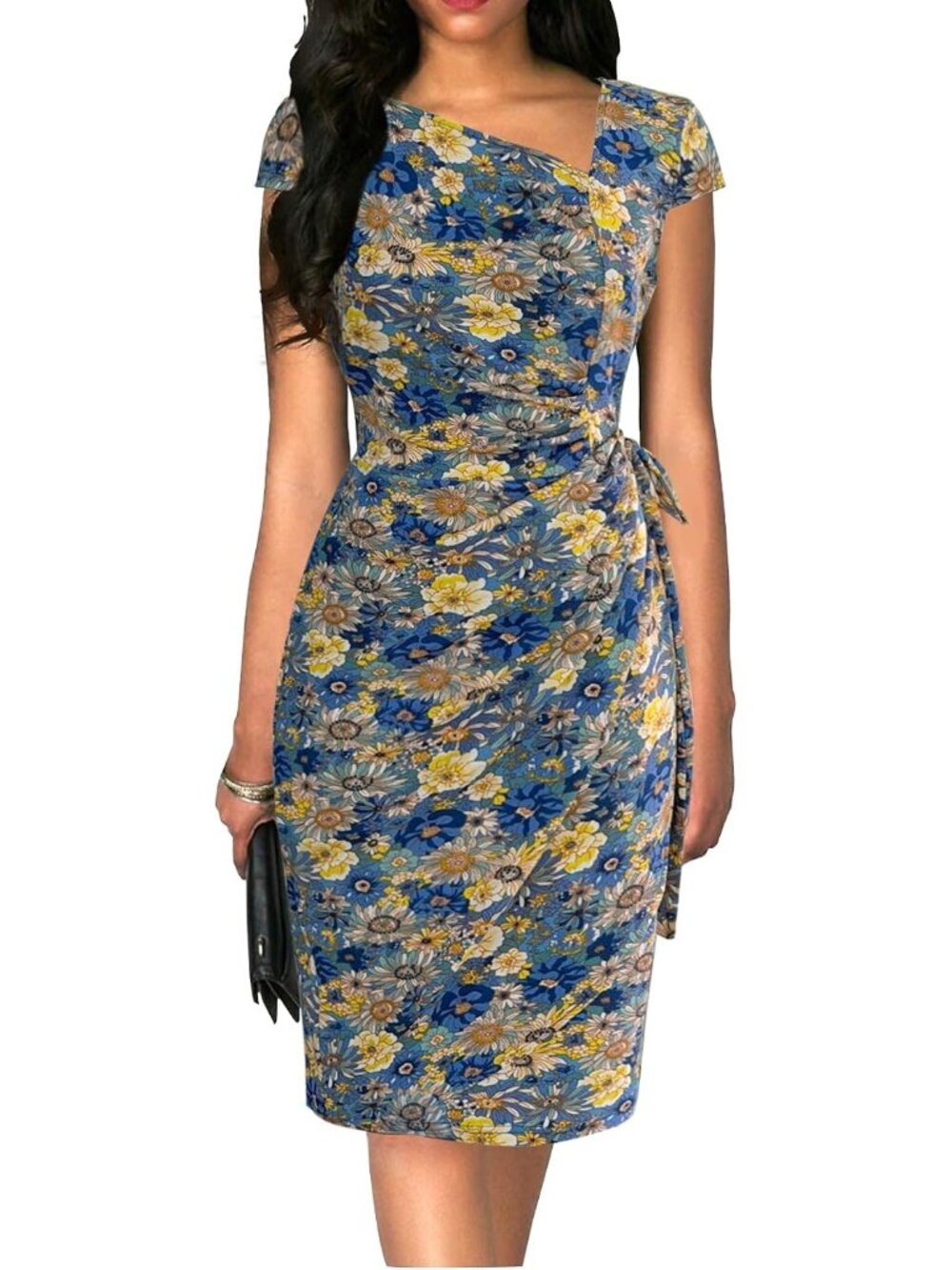 Women's Blue Yellow Cap Sleeves Asymmetrical Neckline Sheath Bodycon Dresses